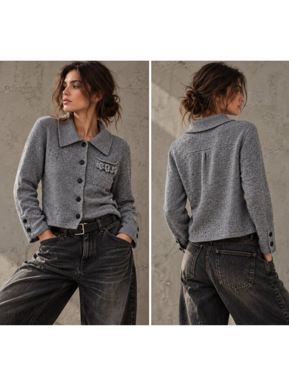 Women's 100% Cashmere Collared Button Front Cardigan Gray Size L